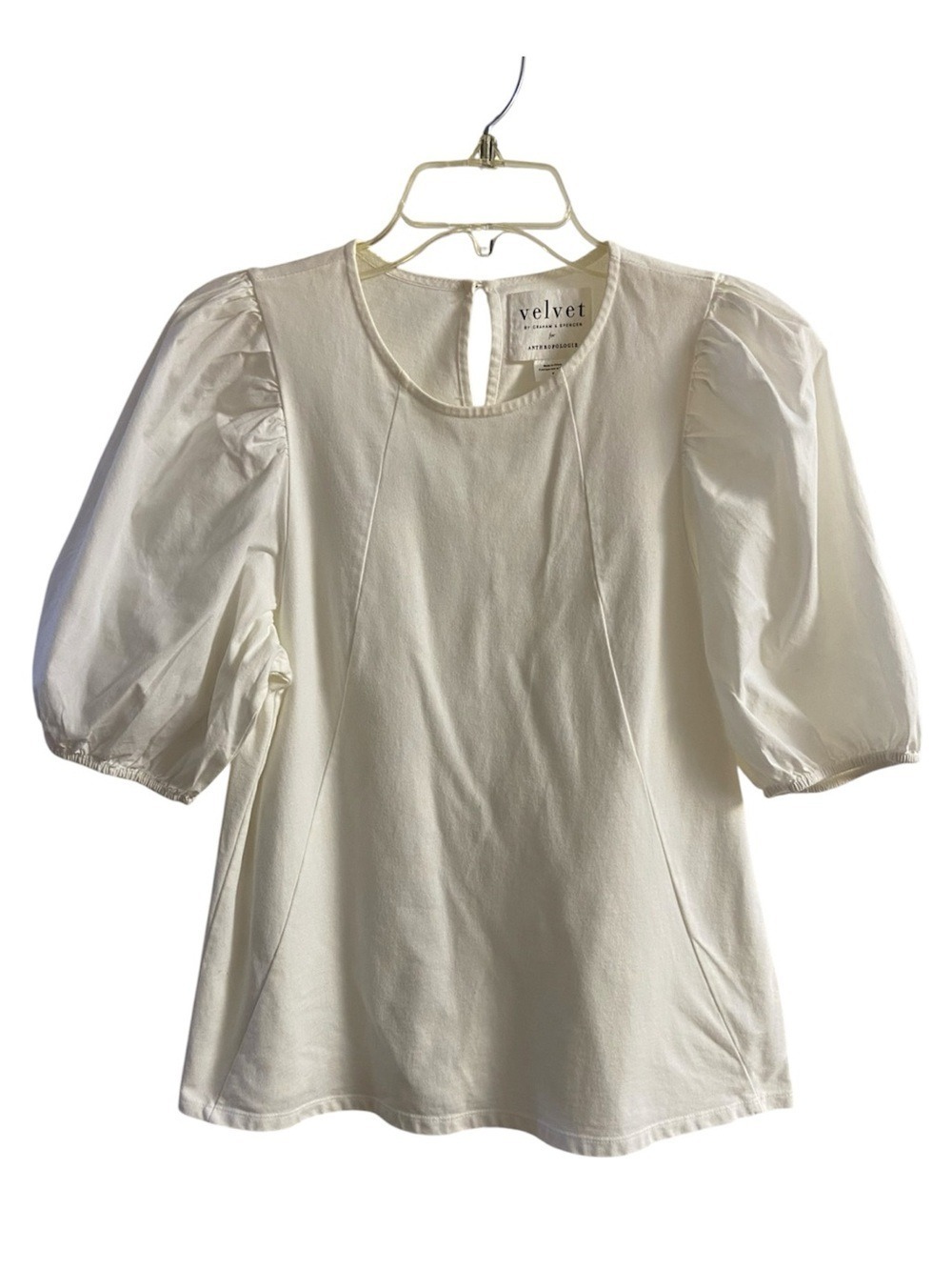 Velvet by Graham & Spencer Anthropologie Ivory Puff-Sleeve Round-Neck Top Small